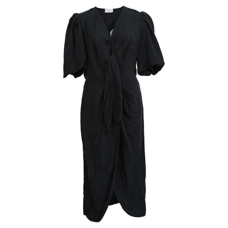 Sandro Puff Sleeve Tie Front Midi Dress In Black Linen